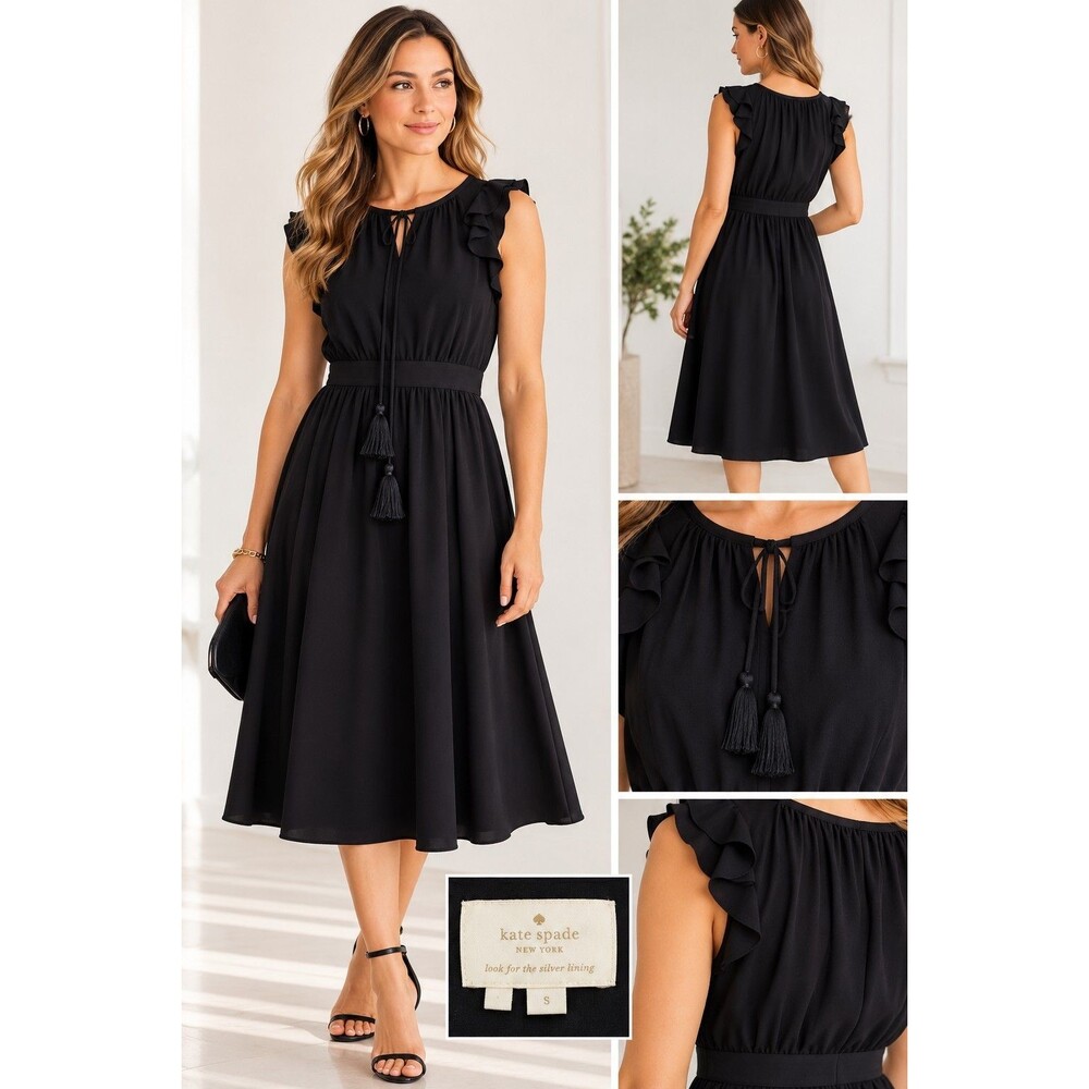 Kate Spade New York Black Ruffle Tassel Tie Waist A-Line Dress S